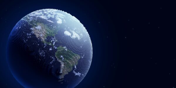 A digital rendering of Earth with a pixelated effect, showing the Americas. The planet glows against a dark, starry background, creating a futuristic tone.