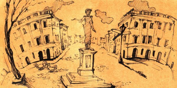 Sketch of a European street features a central statue surrounded by classic buildings, lamp posts, a barren tree, and cobblestone paths, evoking an old-world charm.