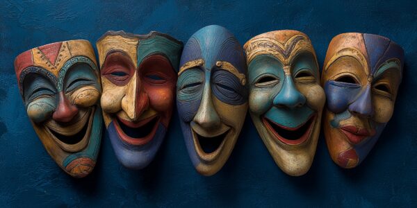 Five colorful theatrical masks with exaggerated joyful expressions are arranged on a textured blue background, evoking a sense of lively festivity.