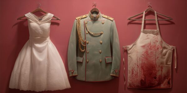 A white wedding dress, a military uniform with gold details, and an apron stained with red hang on a pink wall, creating a contrast between elegance and disorder.