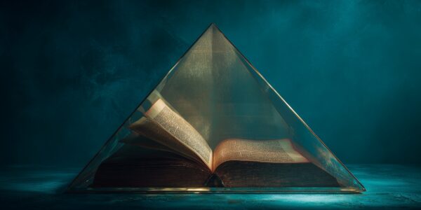An open book encased in a glass pyramid rests on a dark surface against a moody teal background, evoking a sense of mystery and wonder.