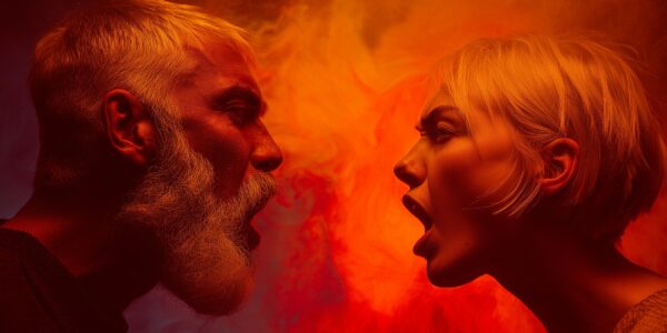 An older bearded man and a young woman with short hair face each other, yelling. The intense red and orange smoke backdrop conveys tension and anger.