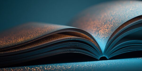Open book with glowing, sparkly pages under soft blue and orange light, creating a magical and enchanting atmosphere.